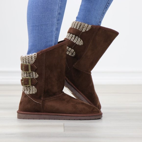 Brown Winter Warm Sherpa Lining Inside  No Heel Mid Calf Flat Boots - Picture 1 of 11